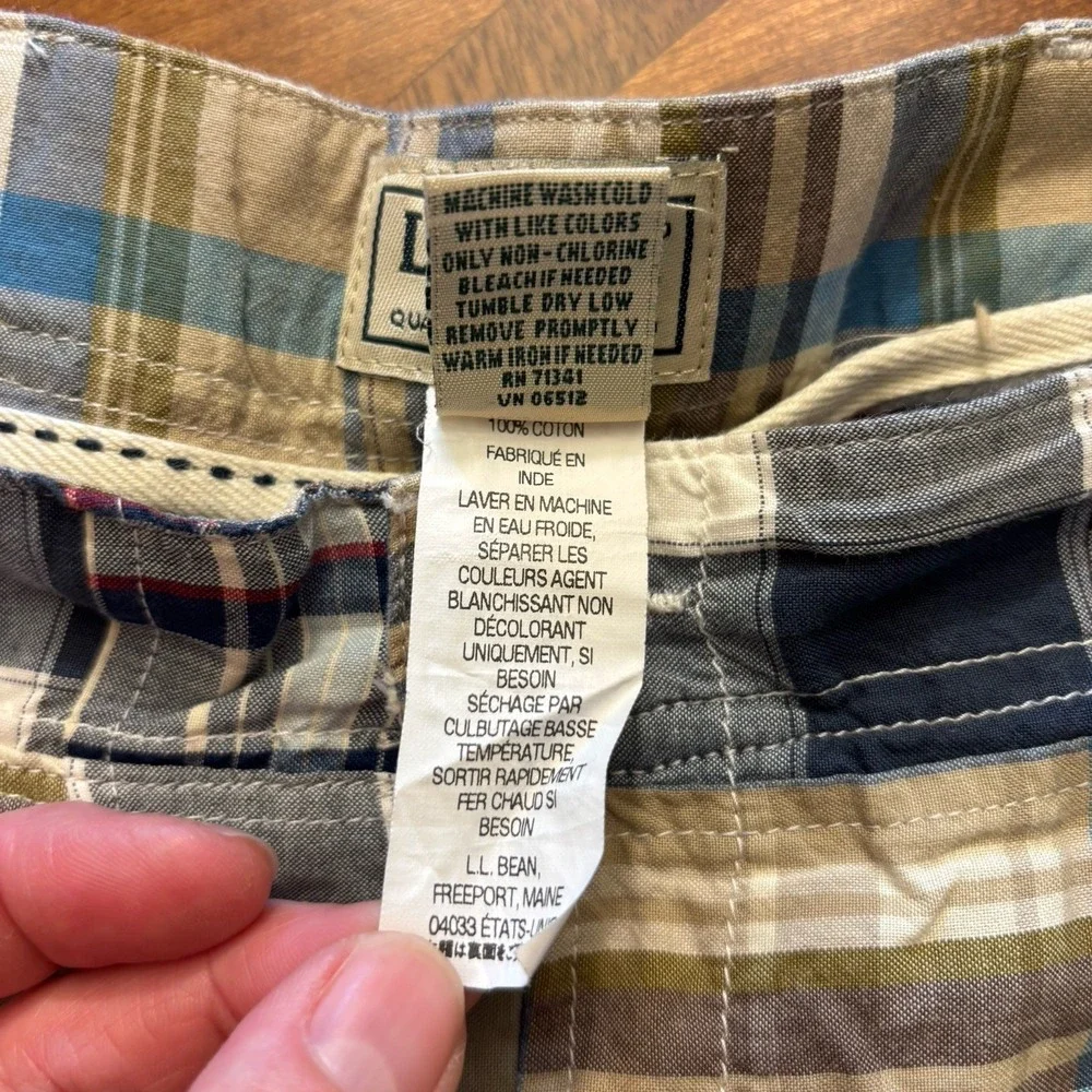 LL Bean Shorts Mens 40W Blue Plaid Madras‎ Patchwork Chino 9